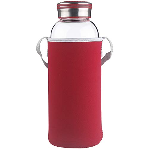 Cleesmil Trinkflasche Glas Wasserflasche mit Neoprenhülle Glasflasche 1500 ml /1.5 L (Rot) Cover