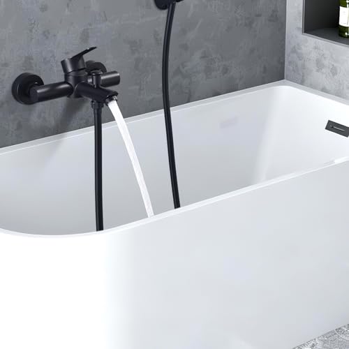 HOMELODY Badewannenarmatur Schwarz Matt Mischbatterie für Badewanne Wandmontage, 2 Ausgänge Einhebelmischer Duscharmatur mit Wanneneinlauf, Anschlussmaß 135–165 mm, ohne Handbrause/Schlauch