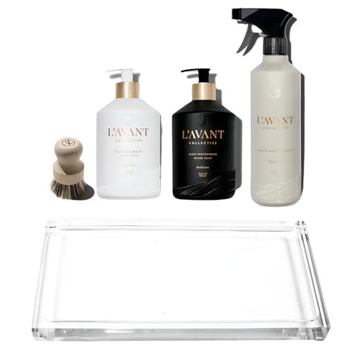 Image of L'AVANT Collective Luxury Home Essentials | High Performing Dish Soap, Hand Soap, Multipurpose Cleaner Spray, Scrub Brush, Lucite Tray | Luxurious Ingredients Reusable Bottles (Fresh Linen)