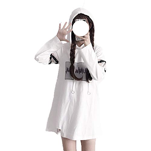 Packitcute Vestido gótico negro para mujer, estilo japonés, Harajuku, ropa de calle para adolescentes, a la moda, con capucha, longitud media, vestidos casuales, Blanco, Large