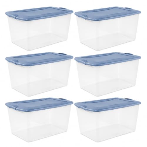 Image of Storage Bins 66 Qt Clear Latching Lid Stackable 6 Pack Blue | Clear Construction with Secure Latches - Easy to see contents without opening. Color latches keep lids firmly attached.