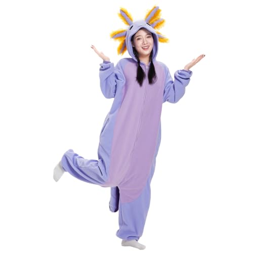LANFAN Erwachsene Onesie Axolotl Kostüm Pyjama Herren Damen Unisex Cosplay Tier Plüsch Nachtwäsche Halloween Jumpsuit für Schlafanzug...