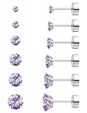 6 Pairs Hypoallergenic Cubic Zirconia Earrings Surgical Steel Flat Back Studs for Cartilage, Screw Back Fashion Jewelry