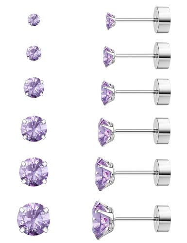 6 Pairs Hypoallergenic Cubic Zirconia Earrings Surgical Steel Flat Back Studs for Cartilage, Screw Back Fashion Jewelry