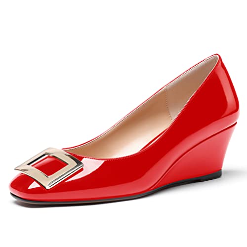 WAYDERNS Women's Patent Gold Metal Buckle Square Toe Slip On Wedge Low Heel Pumps Evening Dress Shoes 2 Inch