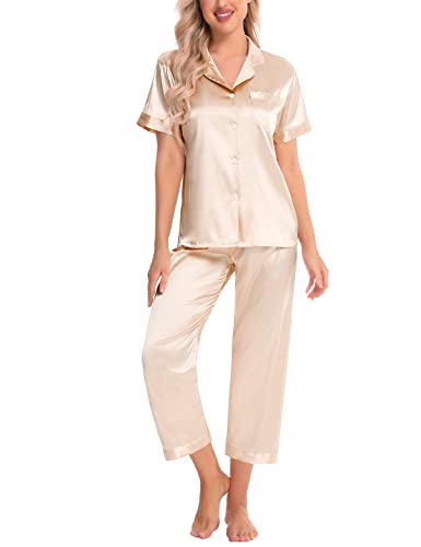 Swomog Women Satin Pajama Set Short Sleeve Sleepwear Capri Silk Pjs Set 2 Piece Loungewear Button Down Nightwear With Pockets Champagne #TOP1