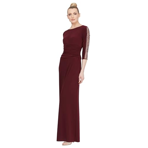 Image of S.L. Fashions Women's Long Length Ruched Waist Formal Evening Dress with Beaded Illusion Sleeves (Petite and Regular Sizes)