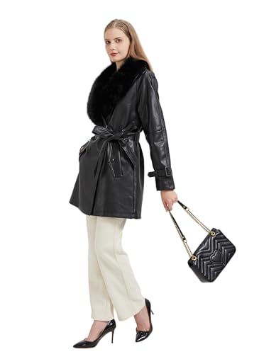 GRAN ORIENTE Women's Faux Leather Trench Coat Overcoat with Detachable Fur Collar,Winter Mid Length Pea Coat Belted Jacket2