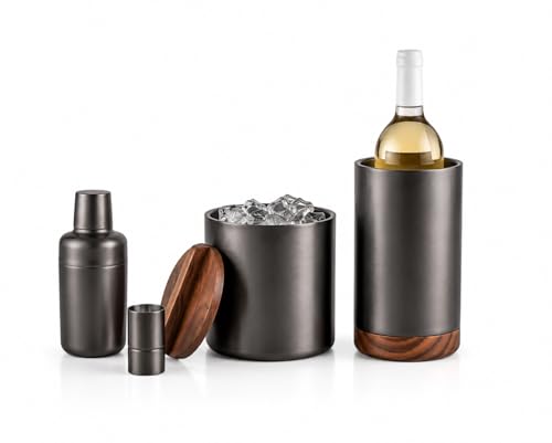 Image of THE Empty Space Full Bar Set - Cocktail Shaker, Ice Bucket, Wine Cooler, Peg Measurer. Home Bar Accessories Made of Stainless Steel in Nickle Finish with Acai Wood. Perfect Bartending Kit