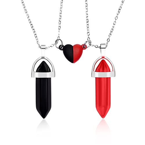 Pozanki 2 Pcs Healing Crystal Black And Red Quartz Point Pendant Necklaces, Matching Heart Necklace For Couples Best Friend Boyfriend Girlfriend Gift #TOP24