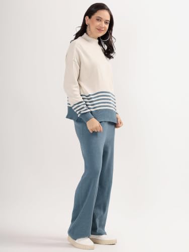 Image of Kvetoo Women Winter Coord Set Wool Blend Tracksuit High Neck Sweater and Wide Leg Pants Warm Knitwear Pyjama Set for Casual Office Travel Wear