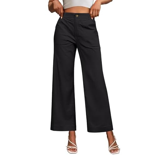 Eddoyee Wide Leg Stretchy Work Pants Women High Waisted Business Casual Dress Pants Straight Leg Slacks Trousers with Pockets Black Medium