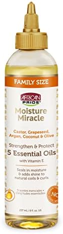 African Pride Moisture Miracle 5 Essential Hair Oils - Contains Castor, Grapeseed, Argan, Coconut & Olive Oil, Seals in Moisture & Adds Shine to Hair, Vitamin E, 8 oz