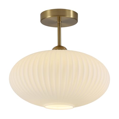 Flyrose Mid Century Modern Brass Semi Flush Mount Ceiling Light Small Ribbed Milk Glass Flush Mount Ceiling Light Gold and White Flush Mount Light Vintage Hallway Lighting Fixtures