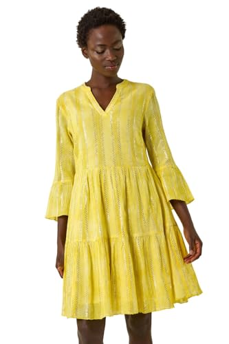 Roman Originals Smock Dress for Women UK Ladies Cotton Summer Embroidered Frilled Tiered Casual Beach Cruise Holiday Cocktail Party 3/4 Sleeve Pull On Gathered Skirt - Yellow Tie Dye - Size 16