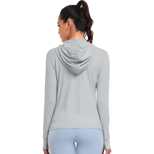 Cighay Camiseta feminina de manga comprida com capuz e proteção solar FPS 50+, leve, para caminhadas