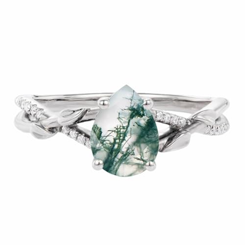 Blocaci Natural Moss Agate Rings for Women 1CT Center Pear Shaped Moss Agate Engagement Rings with Moissanite 925 Sterling Silver 10K 14K 18K Gold Green Moss Agate Ring
