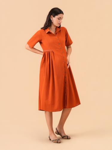 Image of The Mom Store Maternity & Nursing Midi Dress for Women | Pregnancy & Postpartum Wear | Cotton Flex Dress for New Mom | Trendy Stylish Comfortable Feeding Dress for Womens | Causal Office Formal Wear