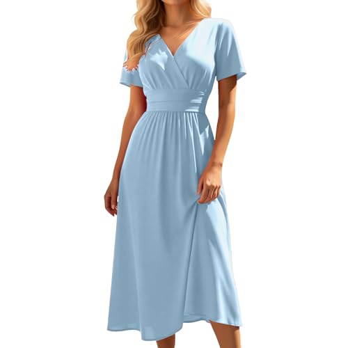 Robe t-shirt col en V pour femmes en coton uni style décontracté