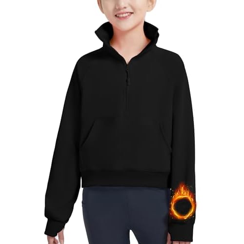 EXARUS Girls Sweatshirts Cropped/Oversized Hoodie Pullover Long Sleeve with Pocket Casual School for Kids 6-14Y 6 Years Black-fleece