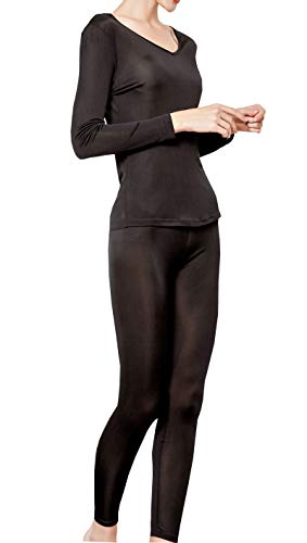METWAY Women's Silk Long Johns V-Neck Pure Silk Thermal Underwear Sets for Winter Base Layer2