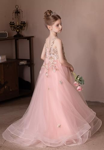 Tulle Flower Girl Dresses for Wedding 3D Floral Appliques Pageant Dress Girls Ball Gown with Beads4
