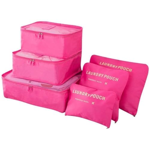 Image of 6 in 1 Polyester Secret Pouch Travel Bag Packing Cubes Laundry Bag with Undergarments & Cloth Storage Organizer Travelling Set /Suitcase Cloth Cube Bag (PINK 6 in 1 Travel Bag)