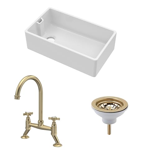 Image of Balterley 795mm Belfast Kitchen Sink Single Bowl with Weir Overflow, Bridge Crosshead Mixer Tap & Waste, Durable White Ceramic Kitchen Sink Bowl, Reversible Farmhouse Sinks (White/Brushed Brass)