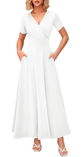 Image of WNEEDU Women's Summer Maxi Dress Short Sleeves Wrap V Neck Long Dresses with Pockets