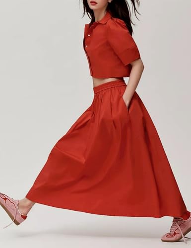 Wanzetaly Womens 2 Piece Outfits Summer Skirt Set Button Short Sleeve Tops and Maxi Skirt Dress Sets with Pockets4