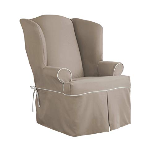 Serta | Relaxed Fit Durable Cotton Twill Canvas Furniture Slipcover, Reversible Fabric (Wingback Chair, Taupe/Ivory)
