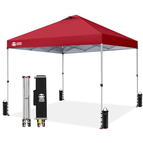 CROWN SHADES 12x12 Pop Up Canopy Outside Canopy, Patented One Push Tent Canopy with Wheeled Carry Bag, Bonus 8 Stakes and 4 Ropes, Red