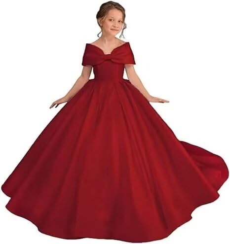 Satin Flower Girl Dresses for Wedding Off Shoulder First Communion Dress Long Ball Gown with Bow