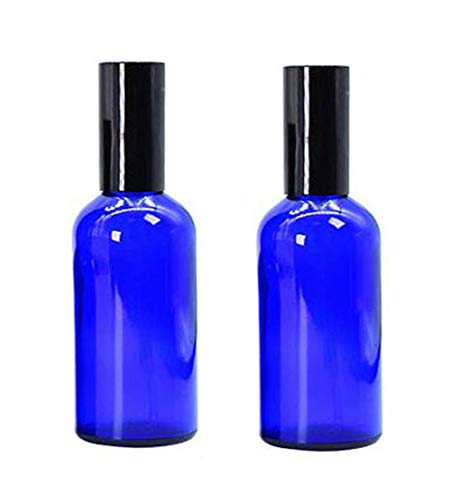 2PCS 100ML Blue Glass Empty Refillable Spray Perfume Bottle Vial Jar Empty Atomizer Bottle Container Holder with Black Cap for Travel Perfume Cosmetic Essential Oil (100ml)