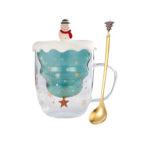 Syfunlv Tasse de Noël Mignonne - Tasse en Verre Borosilicate à Double Paroi avec Couvercle et Cuillère - Tasse à Expresso de Noël - Tasse à Thé, Tasse à Lait, Sapin de Noël (Style 3)