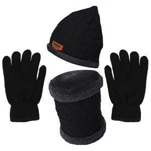 Winter Knit Beanie Hat and Gloves Set, Black, Warm Thermal Accessories for Men Women, One Size
