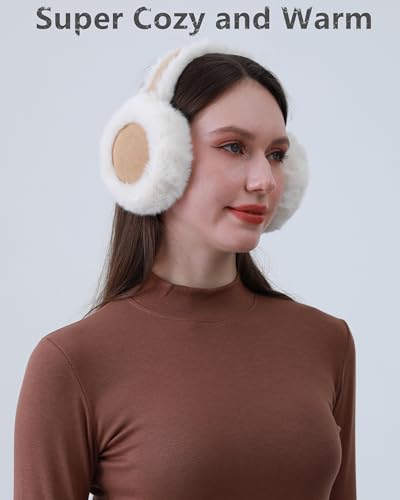 Eyegla Winter Ear Muffs Women Adjustable Fuzzy Earmuffs Faux Fur Ear Warmers Foldable Ear Covers for Cold Weather,Khaki