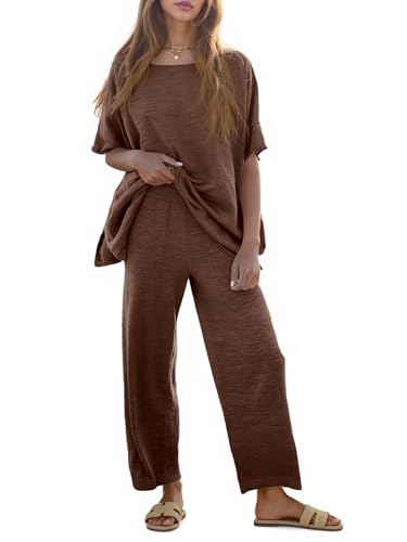 Image of Tankaneo Women's 2 Piece Travel Outfits Casual Short Sleeve Knit Sweater Set Wide Leg Pants Lounge Sets Tracksuit
