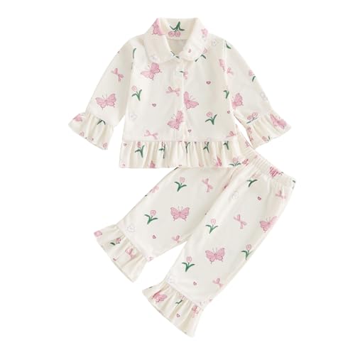 Vioyavo Toddler Kid Baby Girls 2Pcs Pajama Set Strawberry/Butterfly Print Sleepwear Spring Autumn Long Sleeve Ruffle Shirt Top Long Pants (White, 3-4 Years)