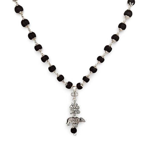 Image of Original Karungali Mala with Shiv Shakti Trishul Damru Nandi Pendant | Natural Black Ebony Wood Karungali Mala with traditional spiritual pendants for meditation prayer yoga and Pooja
