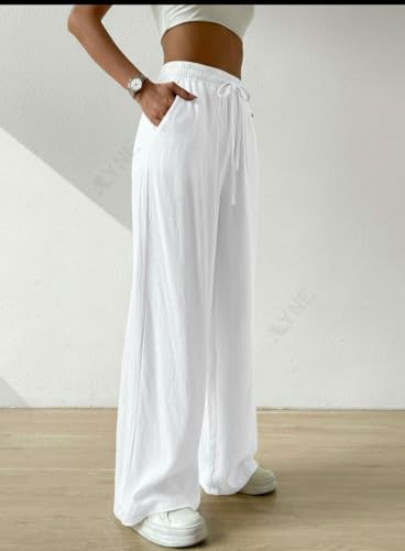 Image of ALYNE Women's Wide Leg Pants High Waisted Linen Look Textured Blend Drawstring Palazzo Trousers with Pockets Casual Relaxed Fit Flowy Soft Comfort Long Pants