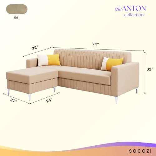 Image of SOCOZI Anton 4 Seater L Shape Sofa Set with Movable Ottoman | Flexible Left or Right Layout | Soft Velvet Suede Fabric | Modern Design | Plush Comfort Cushions for Living Room (Beige)