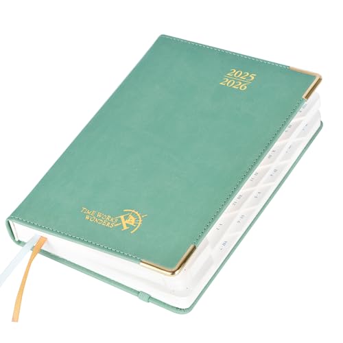 POPRUN Agenda 2025 2026 Día Por Página 21,5 x 14,5 cm, Planner Diaria con Tapa Dura 12 Meses de Ago.2025 a Jul.2026, Banda Elástica, 80 GSM Papel, Verde Medianoche