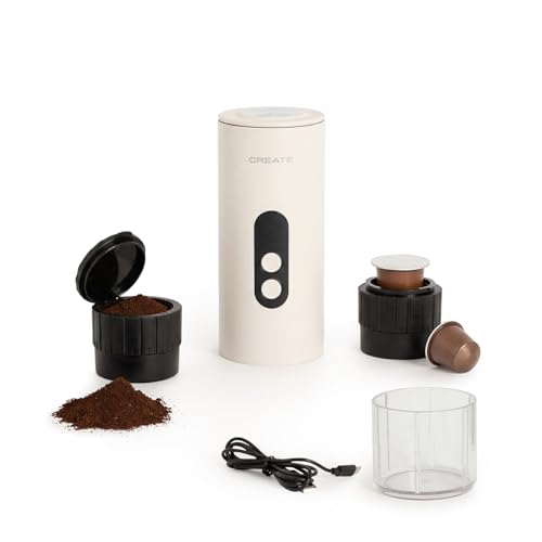 CREATE / THERA MOVE/Cafetera express portátil para cápsulas y café molido blanco roto/Preparación en frío y en caliente, 15 bar, capacidad de 80ml, 150W CREATE / THERA MOVE/Cafetera express portátil para cápsulas y café molido blanco roto/Preparación en frío y en caliente, 15 bar, capacidad de 80ml, 150W