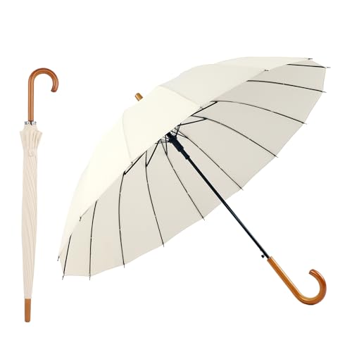 SoulRain 16本骨 48インチ スティック傘 自動オープン 無地 ファッショナブルでシンプル、アーククラシックウッドハンドル、防風、壊れないスティックレイン傘