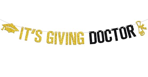 Its Giving Doctor Banner Congrats Doctor Degree Graduation Sign Class of 2026 Master/PHD/Medical Graduation Party Decorations Supplies Gold and Black Glitter