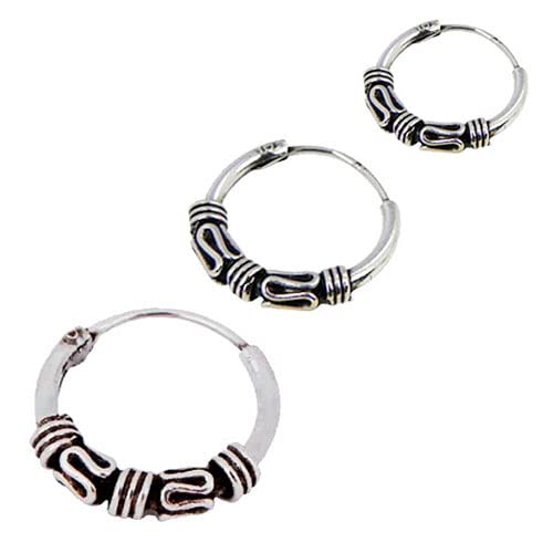 Tienda 3 pendientes aros diseño bali plata de ley individuales, 1 aro 10mm diámetro exterior, 1 aro 12mm diámetro exterior, 1 aro 14mm diámetro exterior. Unisex, ARX142ZU3a
