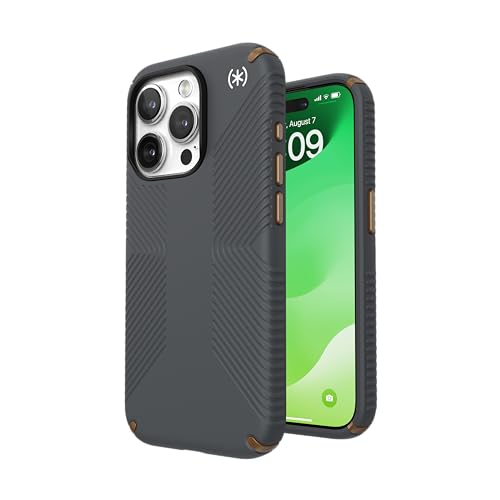 Speck iPhone 15 Pro Hülle - Fallschutz, Griff - Kratzfest, Soft Touch, 6,1 Zoll Handyhülle - Presidio2 Grip Kohlegrau/Cool Bronze/Weiß