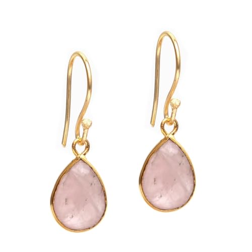 Gempires Teardrop Gemstone Earrings for Women | Pear Shape Faceted Crystal Dangle Drop Earrings | Gold Plated Hypoallergenic Jewellery (Multiple Gemstone Options) (Rose Quartz)