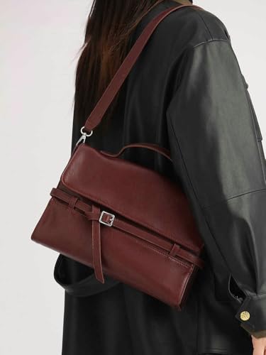 PU Leather Belted Top-handle Satchel Shoulder Bags Vintage Work Tote Purses for Women 2025 Crossbody Handbags Hobo Bag4